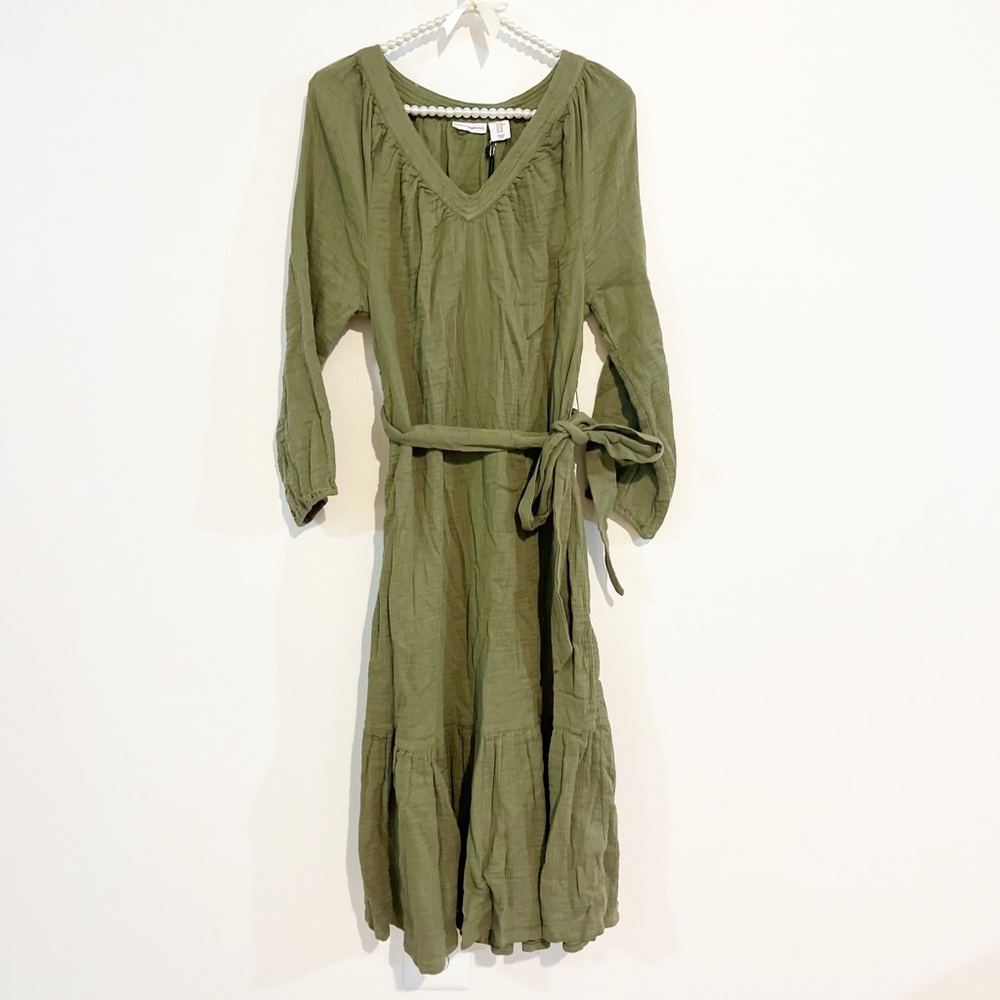 Lucky Brand Sage Green Long Sleeve Belted Midi Dress NWT